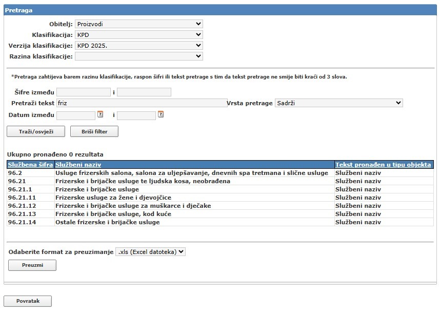 XPOS KLASUS_pretraga_friz KPD - Klasifikacija proizvoda prema djelatnostima